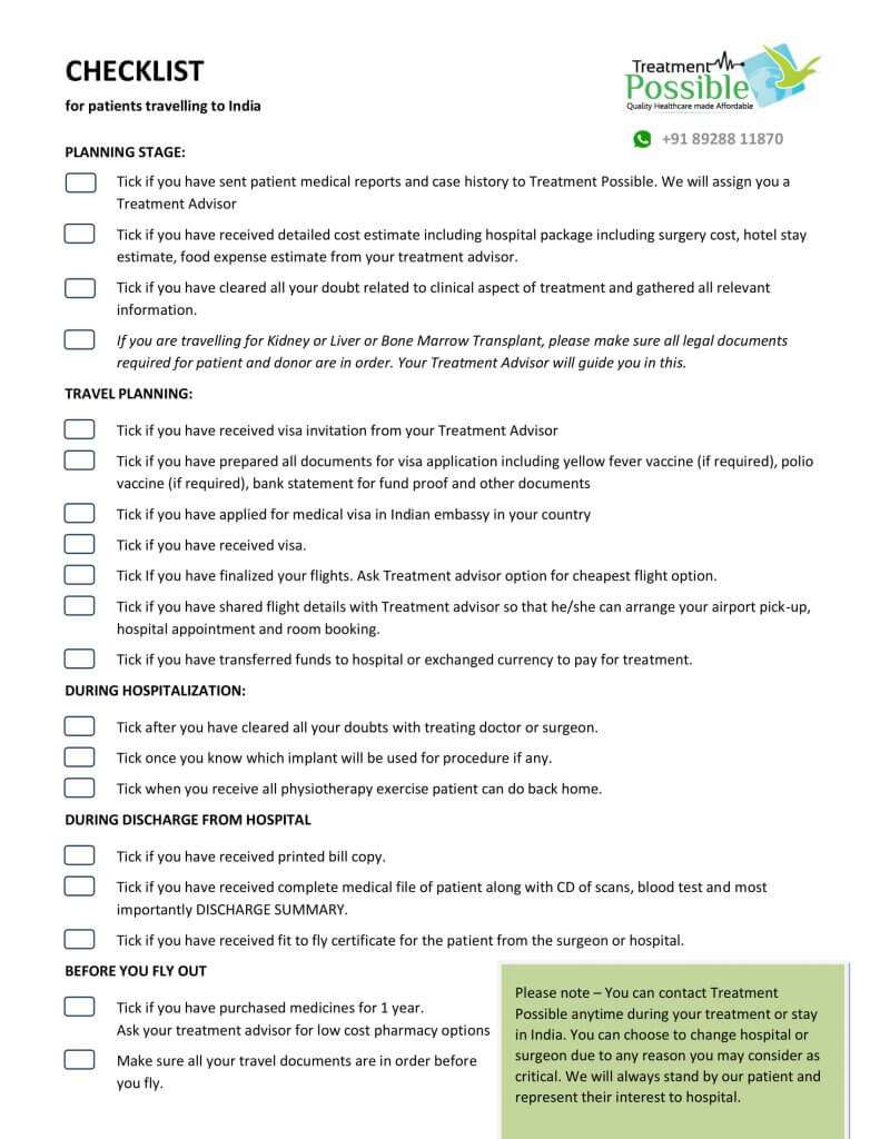 checklist to help people plan their treatment in India at an affordable cost.